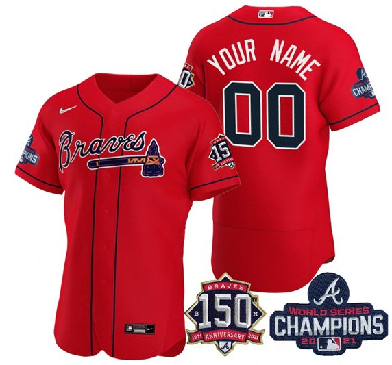 Men's Atlanta Braves Customized 2021 Red World Series Champions With 150th Anniversary Flex Base Stitched Jersey
